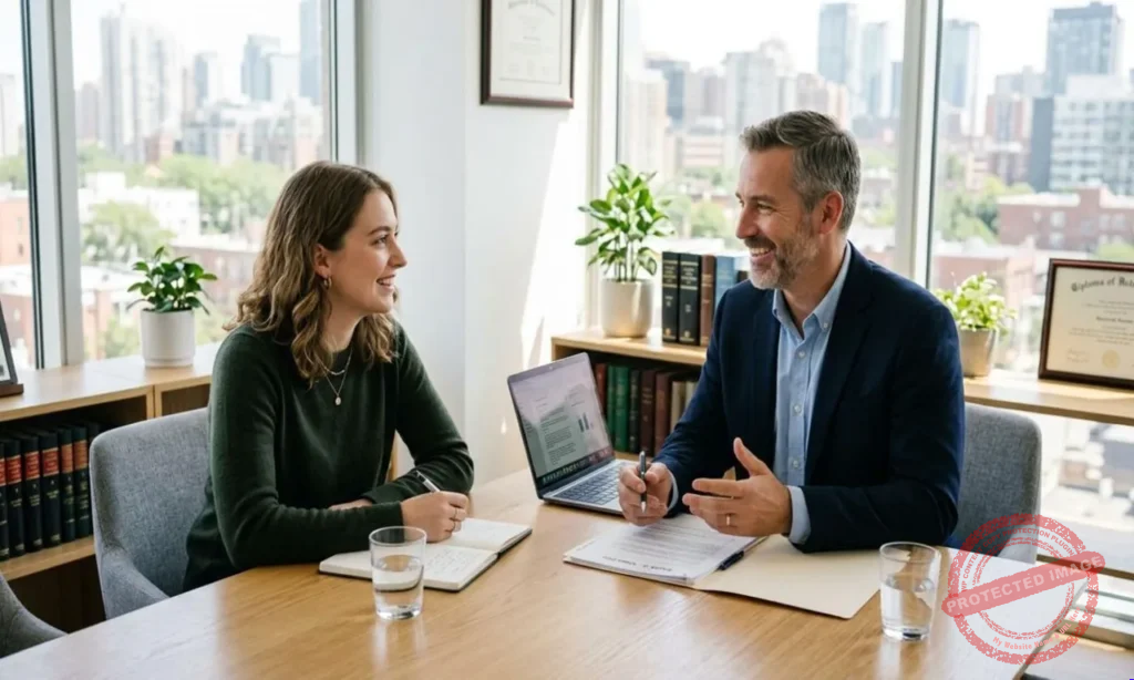 An experienced injury lawyer conducting a trucking accident attorney free consultation with a client to review corporate log records and highway accident photographs.