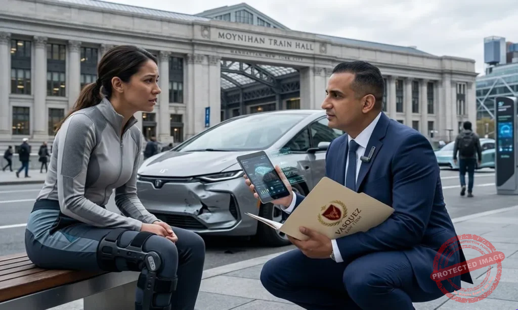 Attorney for permanent injury car accident helping injured victim review legal documents after a serious vehicle collision with medical reports and insurance claim evidence